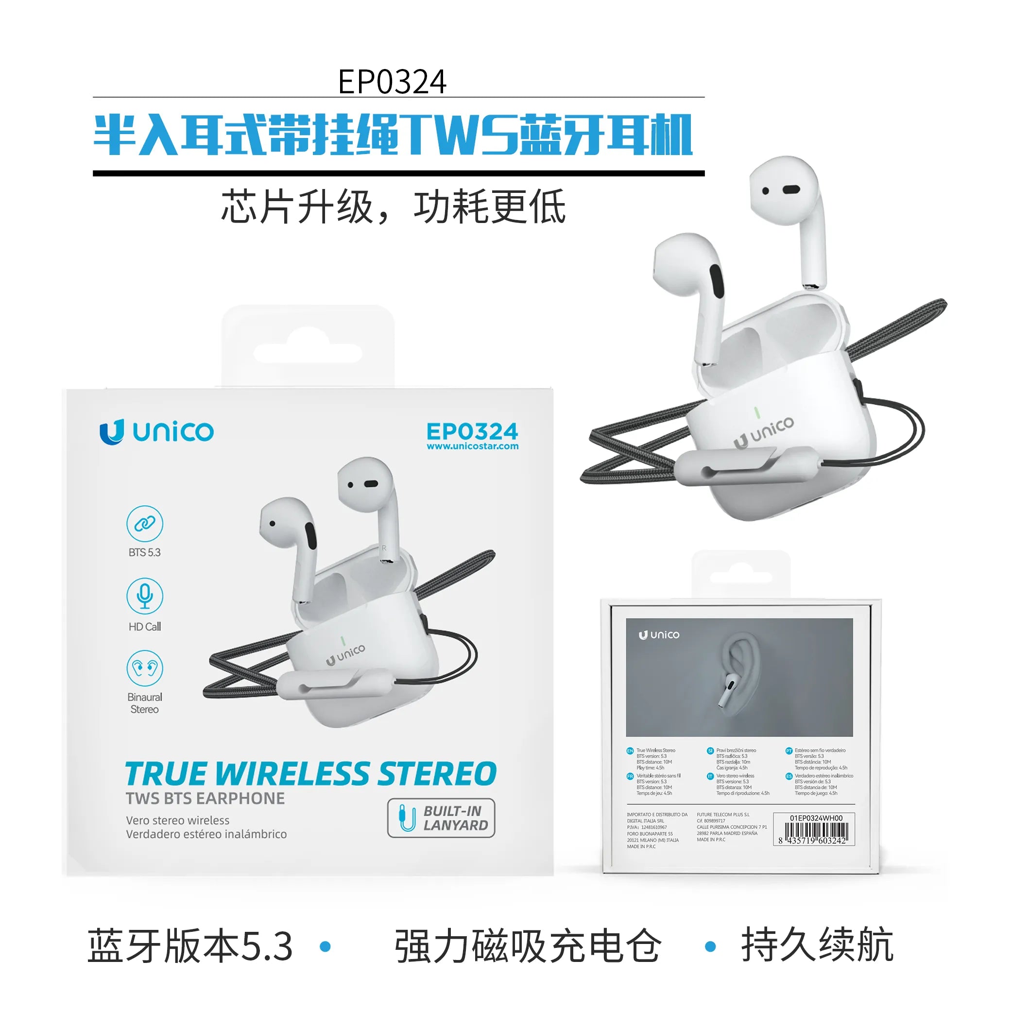Wireless Bluetooth Earbuds Semi In-Ear Style with Lanyard, Lightweight Design.
